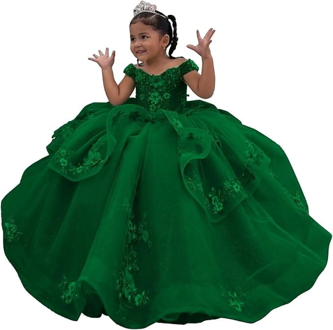 Green / 3m Sunnypetal Enchanted Sage Green Tulle Ball Gown Flower Girl Dress with Floral Appliqués