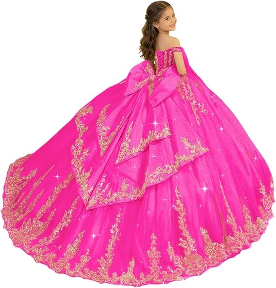 Hot Pink / 18m Golden Princess Off-Shoulder Ball Gown Flower Girl Dress with Lace Appliqués &amp; Bow