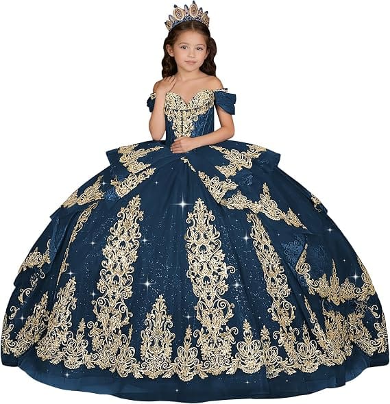 Hot Pink / 18m Sunnypetal Elegant Gold Appliqué Off-Shoulder Flower Girl Dress with Tassel Details