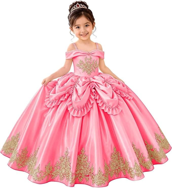 Hot Pink / 18m Sunnypetal Elegant Golden Satin Princess Flower Girl Dress with Bow