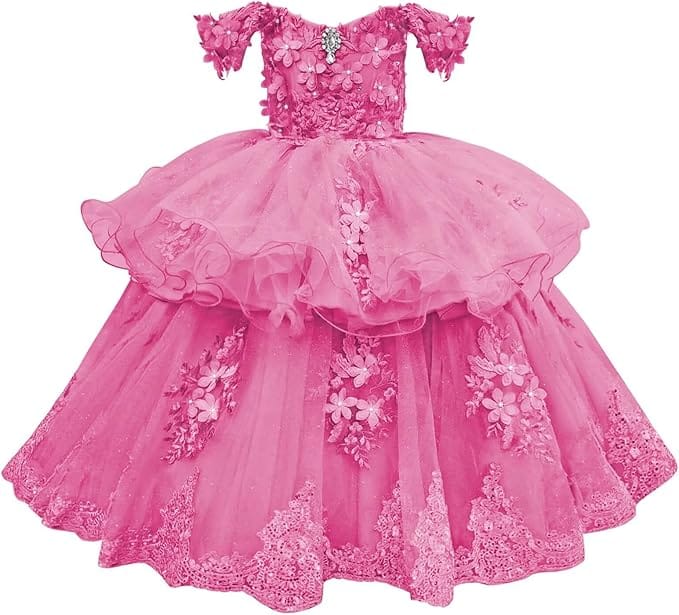 Hot Pink / 18m Sunnypetal Elegant Off-Shoulder Tulle Ball Gown Flower Girl Dress with 3D Floral Appliqués