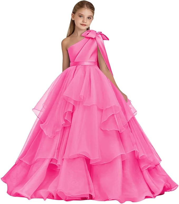 Hot Pink / 18m Sunnypetal Elegant One-Shoulder Satin Tulle Flower Girl Pageant Dress for Special Occasions