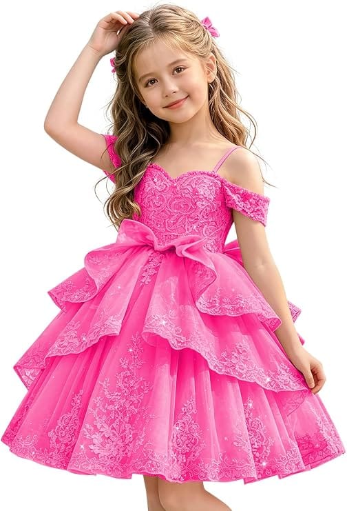 Hot Pink / 18m Sunnypetal Elegant Sweetheart Lace Applique Princess Bow Flower Girl Pageant Dress
