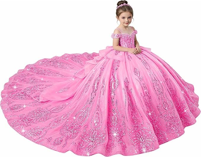Hot Pink / 18m Sunnypetal Enchanted Blue Off-Shoulder Flower Girl Princess Ball Gown with Sparkling Appliqués