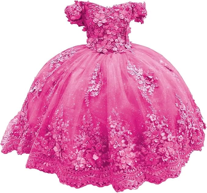 Hot Pink / 18m Sunnypetal Enchanted Ice Blue Tulle Ball Gown Flower Girl Dress with 3D Floral Appliqués