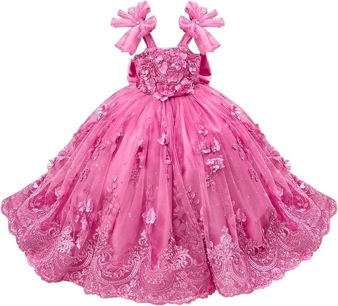 Hot Pink / 18m Sunnypetal Enchanted Mint Green Tulle Ball Gown Flower Girl Dress with 3D Floral Appliqués