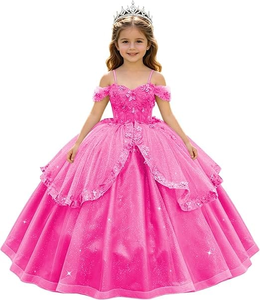 Hot Pink / 18m SunnyPetal Enchanted Sage Green Off-Shoulder Lace Appliqué Tulle Flower Girl Gown