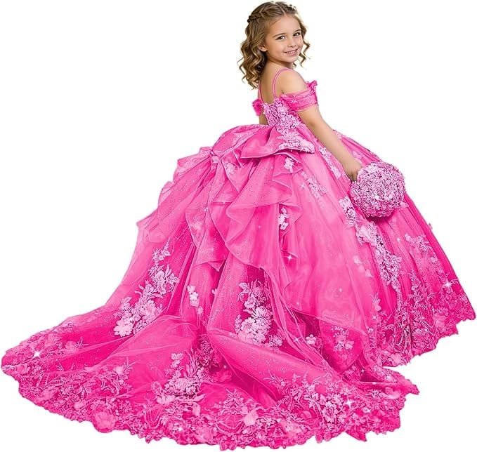 Hot Pink / 18m Sunnypetal Exquisite 3D Floral Lace Applique Ruffle Tulle Flower Girl Ball Gown with Bow