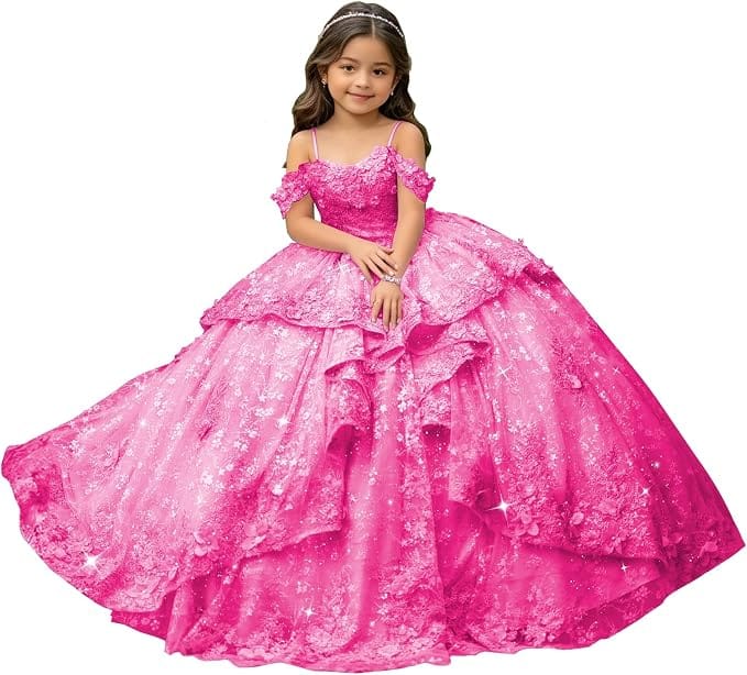 Hot Pink / 18m Sunnypetal Exquisite Off-Shoulder 3D Floral Appliqué Pageant Flower Girl Gown