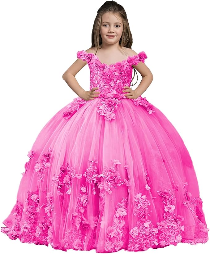 Hot Pink / 18m Sunnypetal Exquisite Off-Shoulder Tulle 3D Floral Flower Girl Princess Dress with Satin Bow
