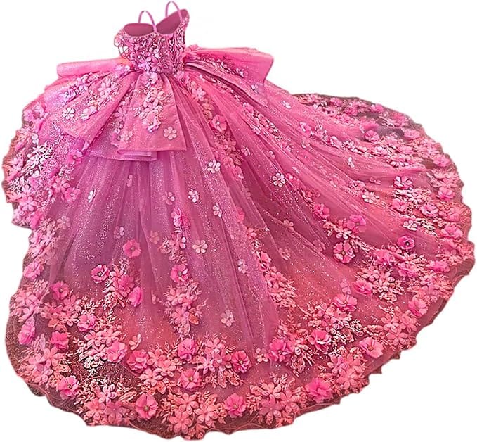 Hot Pink / 18m Sunnypetal Exquisite Tulle Off-Shoulder Flower Girl Dress Pageant Gown with 3D Floral Appliqués