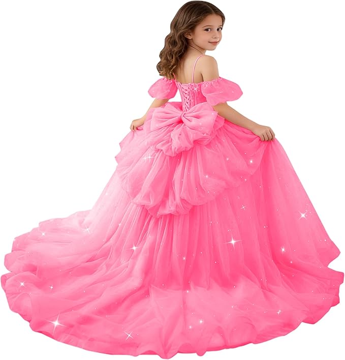 Hot Pink / 18m Sunnypetal Girls Spaghetti Strap Glitter Tulle Ball Gown with Lace Appliqués &amp; Bow