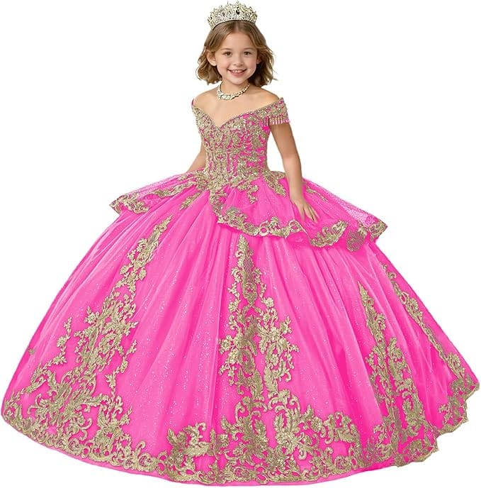 Hot Pink / 18m Sunnypetal Gold Applique Off Shoulder Flower Girl Dress with Tassels Crystal &amp; Bow