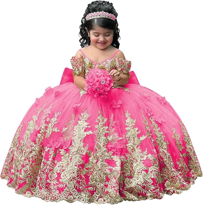 Hot Pink / 18m Sunnypetal Gorgeous Gold Appliqués Tulle Flower Girl Ball Gown with Bow and 3D Butterflies