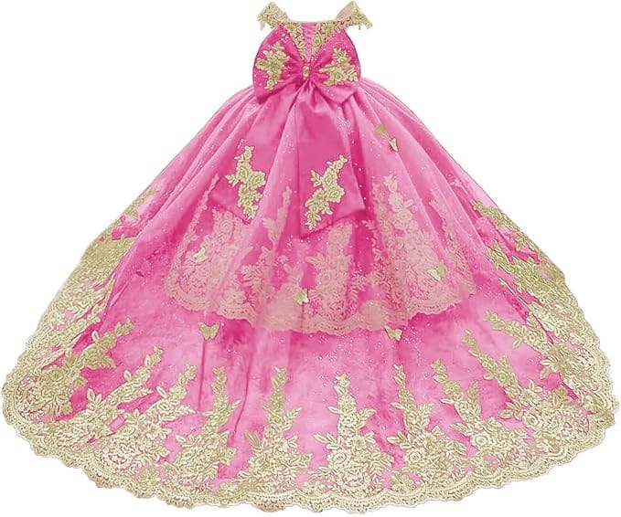 Hot Pink / 18m Sunnypetal Gorgeous Off-Shoulder Sweetheart Tulle Flower Girl Dress with Gold Embroidery