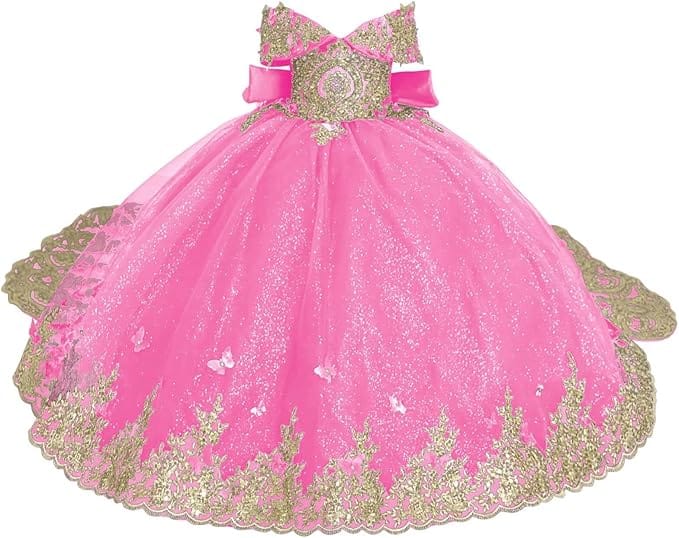 Hot Pink / 18m Sunnypetal Luxury Emerald Green Lace Appliqué Tulle Ball Gown Flower Girl Dress with Royal Train