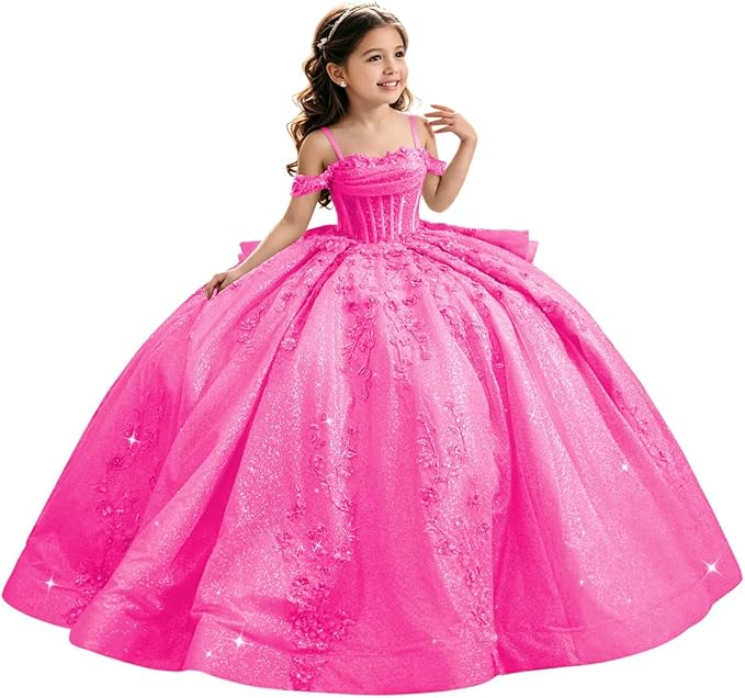 Hot Pink / 18m Sunnypetal Luxury Glitter Tulle Off-Shoulder Ball Gown Flower Girl Dress with Train