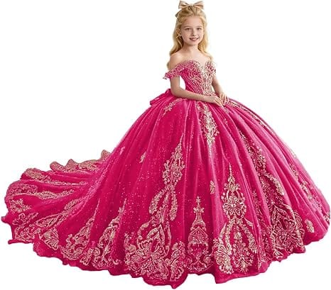Hot Pink / 18m Sunnypetal Luxury Gold Appliqué Glitter Tulle Flower Girl Gown with Oversized Bow