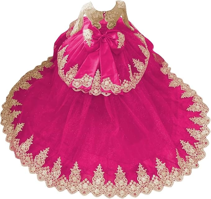 Hot Pink / 18m Sunnypetal Luxury Gold Lace Appliqué Tulle Ball Gown Flower Girl Dress with Royal Train