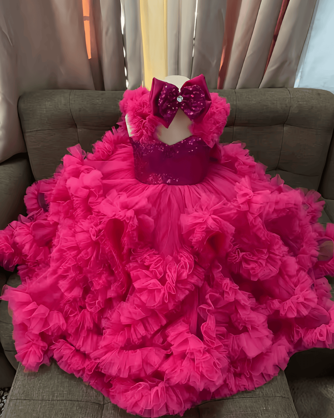 Hot Pink / 18m Sunnypetal Luxury Hot Pink Ruffle Tulle Flower Girl Ball Gown with Sequin Bow