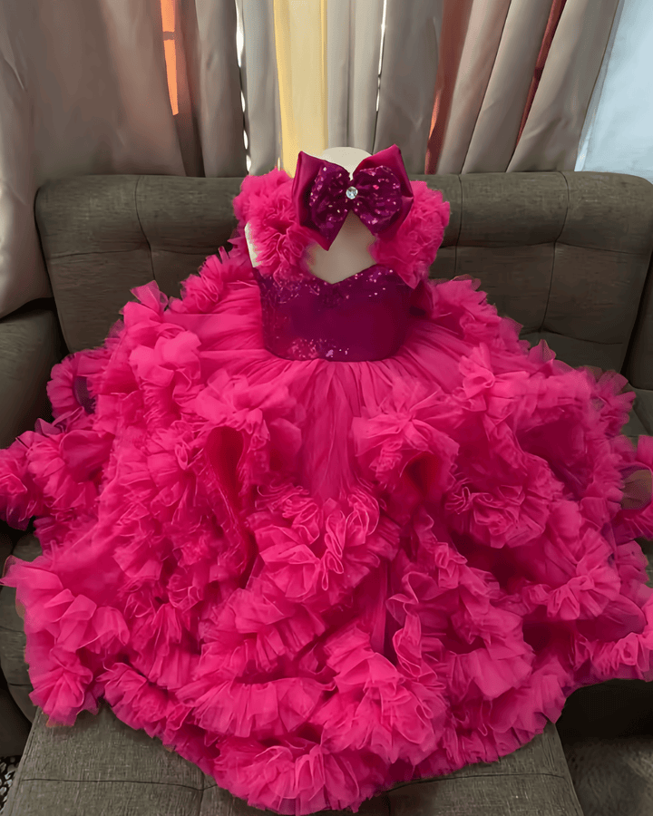Hot Pink / 18m Sunnypetal Luxury Hot Pink Ruffle Tulle Flower Girl Ball Gown with Sequin Bow