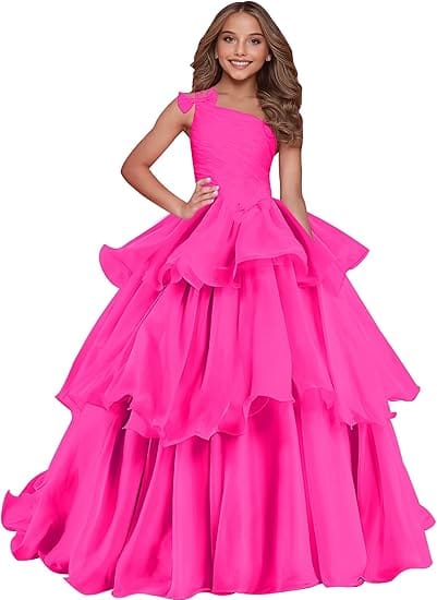 Hot Pink / 18m Sunnypetal Luxury One-Shoulder Puffy Organza Flower Girl Dress Princess Pageant Gown