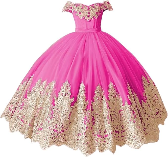 Hot Pink / 18m Sunnypetal Off-Shoulder Gold Lace Beaded Puffy Tulle Flower Girl Gown for Special Occasions