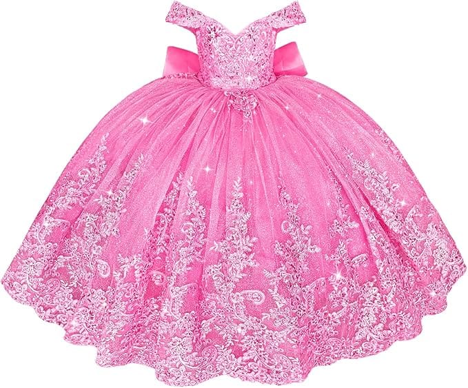 Hot Pink / 18m Sunnypetal Off Shoulder Sweetheart Lace Tulle Flower Girl Pageant Dress with Bow