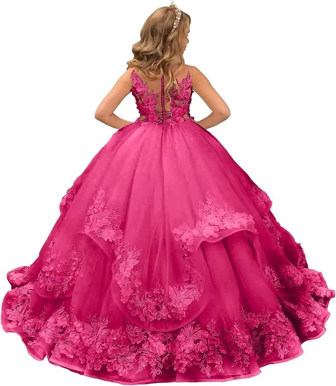 Hot Pink / 18m Sunnypetal Pink Lace Appliques Floral Flower Girl Dresses Birthday Party Princess Dresss