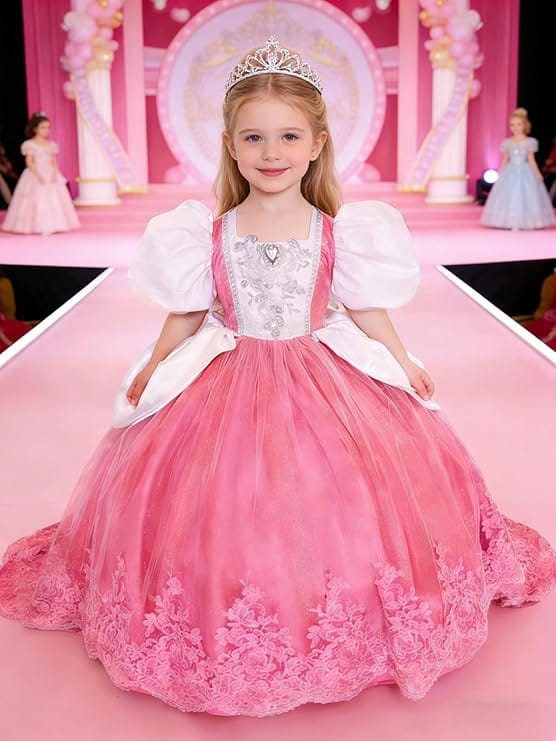 Hot Pink / 18m Sunnypetal Princess Sky Blue Tulle Lace Flower Girl Dress with Bow and Puff Sleeves