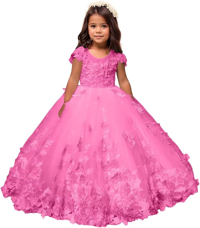 Hot Pink / 18m Sunnypetal Romantic Blush Floral Lace Tulle Flower Girl Ball Gown
