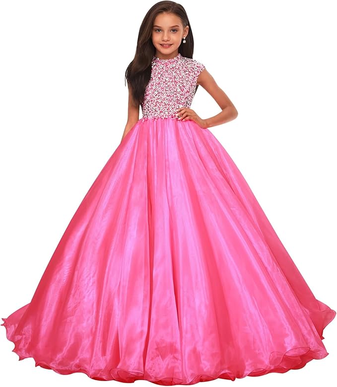 Hot Pink / 18m Sunnypetal Sparkling Hot Pink Ball Gown Flower Girl Dress with Rhinestones Beaded Bodice