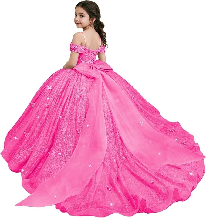 Hot Pink / 18m Sunnypetal Sparkling Off-Shoulder Glitter Tulle Flower Girl Dress with Oversized Bow