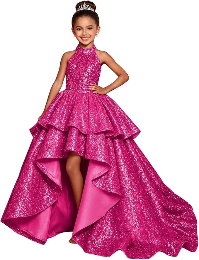 Hot Pink / 18m Sunnypetal Sparkly Sequin Halter High Low Flower Girl Dress Pageant Gown