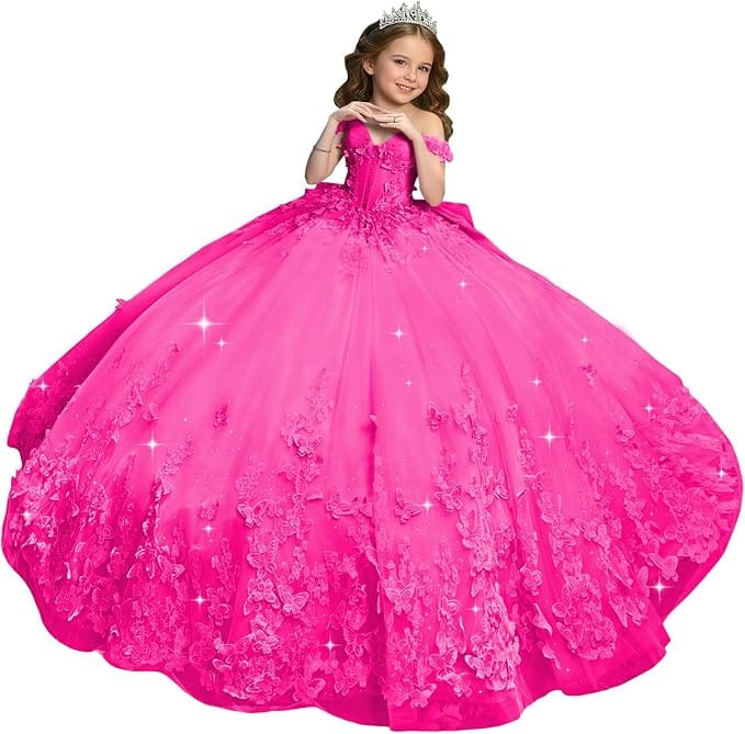 Hot Pink / 18m Sunnypetal Sweetheart Neck 3D Butterfly Tulle Flower Girl Dress with Big Bow