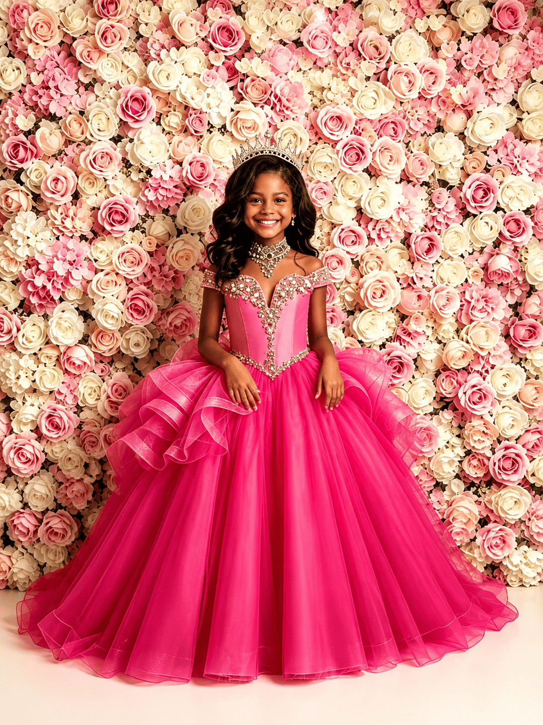 Hot Pink / 3m Sunnypetal Hot Pink Sparkling Tulle Princess Flower Girl Dress with Layered Ruffle Skirt