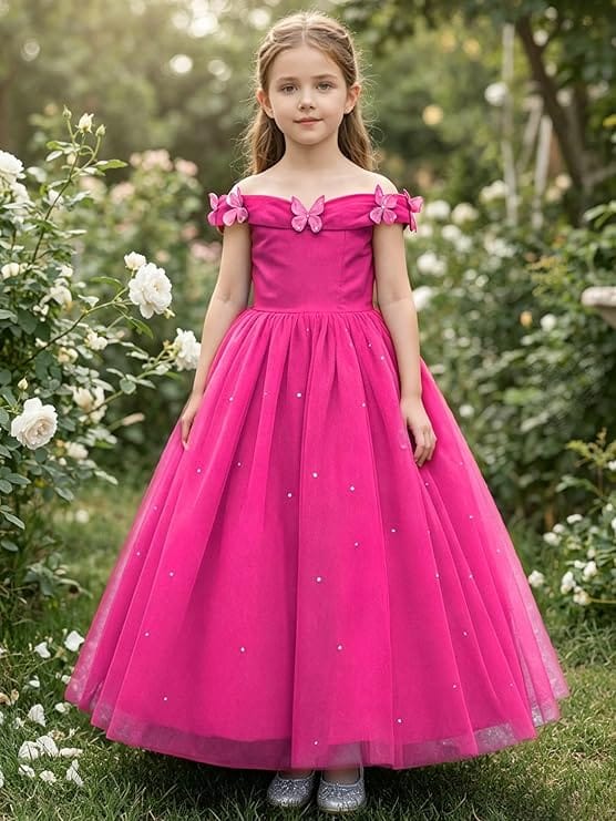Hot Pink / 3m Sunnypetal Off-Shoulder Ankle-Length Tulle Princess Flower Girl Dress with 3D Butterfly