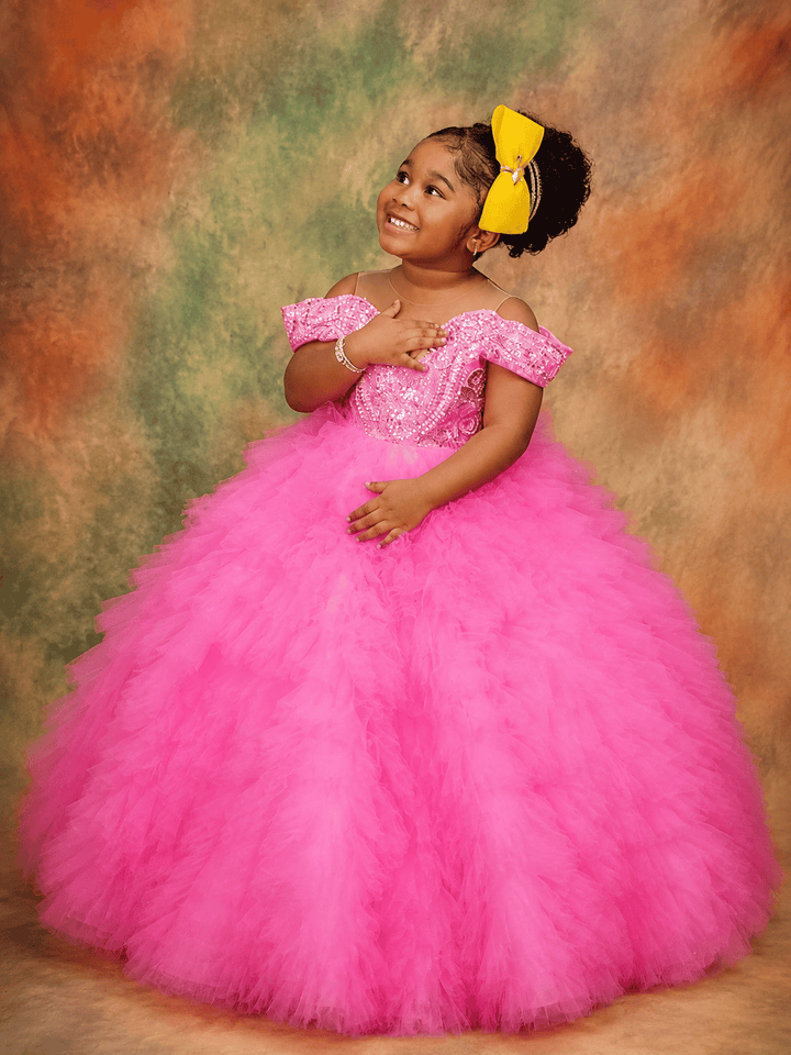Hot Pink / 3m Sunnypetal Purple Sequin Off-Shoulder Ball Gown Flower Girl Dress for Birthday Pageant