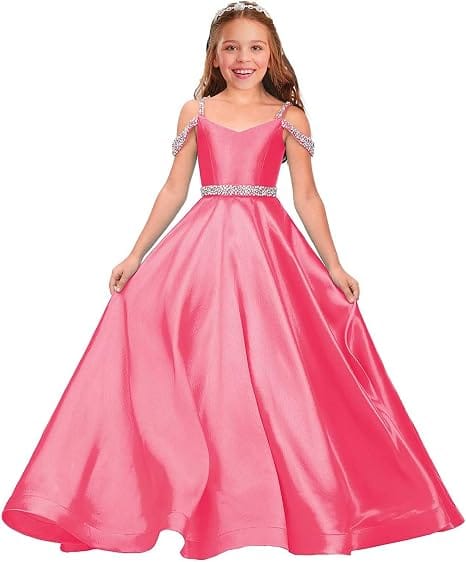 Hot Pink / 9m Sunnypetal Luxury Off-Shoulder Satin Rhinestone Flower Girl Princess Gown