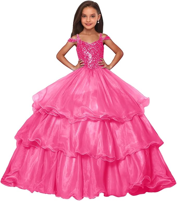 Hot Pink / 9m Sunnypetal Sparkly Sequin Organza Off Shoulder Ball Gown Flower Girl Dress for Pageant
