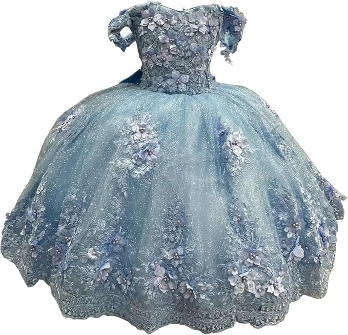 Ice Blue / 18m Sunnypetal Enchanted Ice Blue Tulle Ball Gown Flower Girl Dress with 3D Floral Appliqués