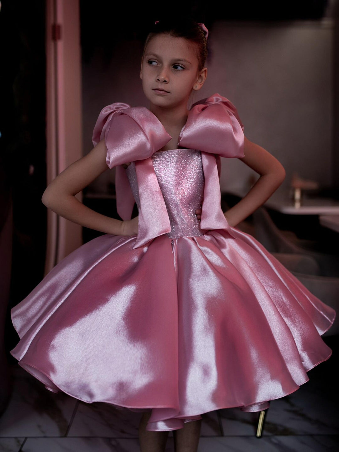 Sunnypetal Elegant Rose Gold Satin Tulle Princess Flower Girl Dress with Shoulder Bow