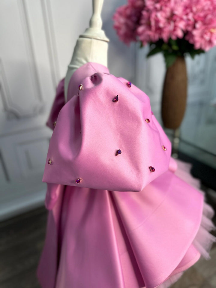 Sunnypetal Pink Satin Puff Sleeve Tulle Flower Girl Dress with V-Back &amp; Oversized Bow