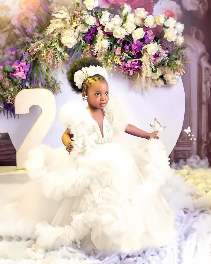 Ivory / 12m Sunnypetal Lavender Ruffles Tulle Flower Girl Dresses Baby Kids Pageant Gowns