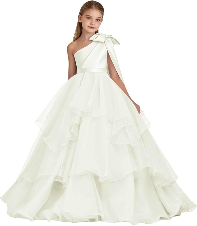 Ivory / 18m Sunnypetal Elegant One-Shoulder Satin Tulle Flower Girl Pageant Dress for Special Occasions