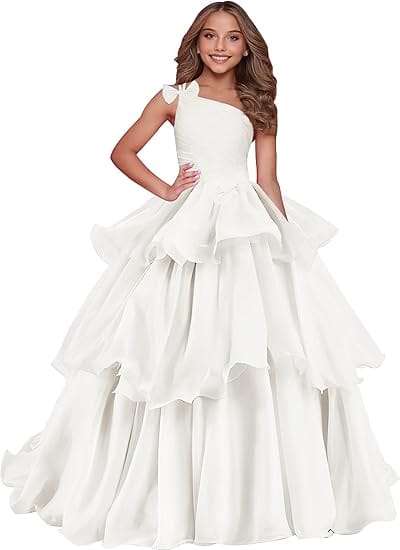 Ivory / 18m Sunnypetal Luxury One-Shoulder Puffy Organza Flower Girl Dress Princess Pageant Gown