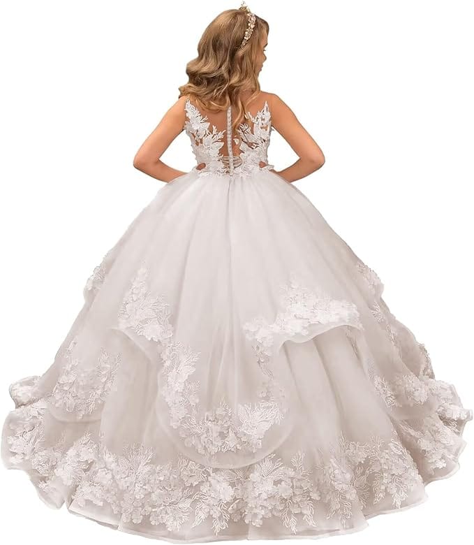 Ivory / 18m Sunnypetal Pink Lace Appliques Floral Flower Girl Dresses Birthday Party Princess Dresss
