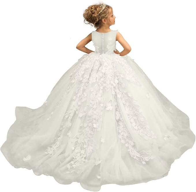 Ivory / 18m Sunnypetal Puffy Tulle Flower Girl Dress Appliques 3D Butterfly Pageant Party Princess Dresses