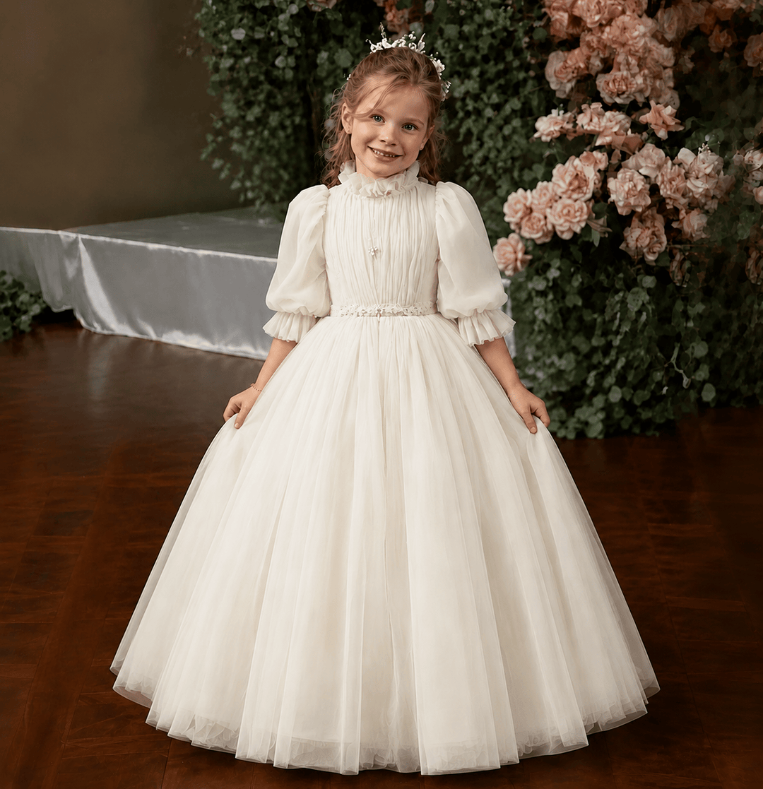 Ivory / 3m Dunnypetal Grey Blue Tulle High Neck Flower Girl Dress For Wedding Kids Birthday Party Gown