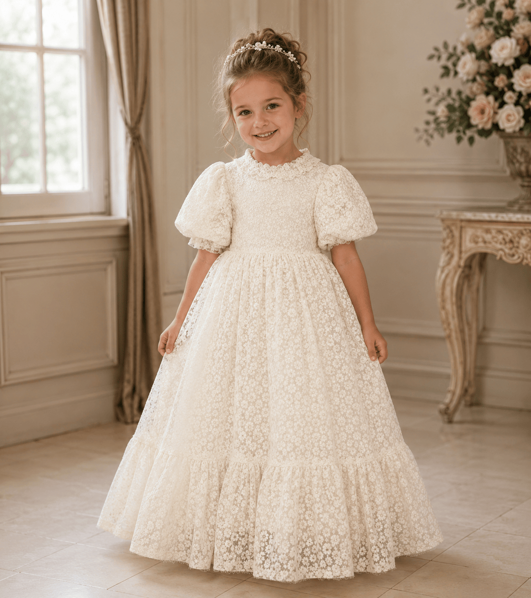 Ivory / 3m Sunnypetal Customized Half Sleeve Floor-Length Wedding Party Princess Flower Girl Dresses